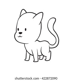 Vector cartoon image of a cute little black-white cat standing and smiling on a white background. Made in monochrome style. Positive character. Vector illustration.