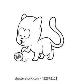 Vector cartoon image of a cute little black-white cat playing with a ball of yarn on a white background. Made in monochrome style. Positive character. Vector illustration.