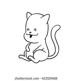 Vector cartoon image of a cute little black-white happy cat sitting after eating to satiety on a white background. Made in monochrome style. Positive character. Vector illustration.