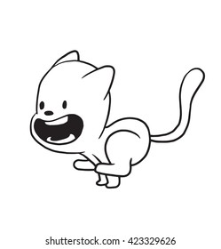 Vector cartoon image of a cute little black-white cat running at full speed with his mouth open on a white background. Made in monochrome style. Positive character. Vector illustration.