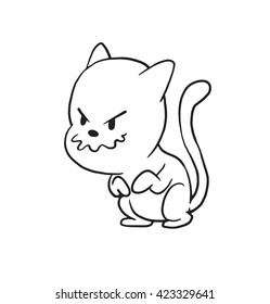 Vector cartoon image of a cute little black-white cat sitting and plotting something tricky on a white background. Made in monochrome style. Positive character. Vector illustration.