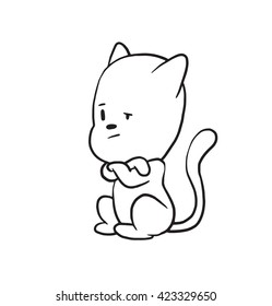 Vector cartoon image of a cute little black-white cat sitting crossed front paws on his chest on a white background. Made in monochrome style. Positive character. Vector illustration.