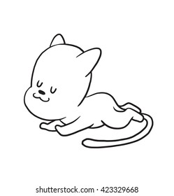Vector cartoon image of a cute little black-white cat lying on his stomach and sleeping on a white background. Made in monochrome style. Positive character. Vector illustration.