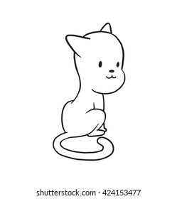 Vector cartoon image of a cute little black-white cat sitting with his back and turned his head on a white background. Made in monochrome style. Positive character. Vector illustration.