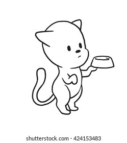 Vector cartoon image of a cute little black-white cat begging for food with a bowl in his paw on a white background. Made in monochrome style. Positive character. Vector illustration.