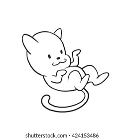 Vector cartoon image of a cute little black-white cat lying on his back with raised paws and smiling on a white background. Made in monochrome style. Positive character. Vector illustration.