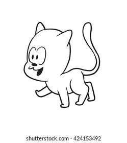 Vector cartoon image of a cute little black-white cat walking somewhere and smiling on a white background. Made in monochrome style. Positive character. Vector illustration.