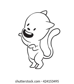 Vector cartoon image of a cute little black-white cat standing on his hind legs and smiling on a white background. Made in monochrome style. Positive character. Vector illustration.