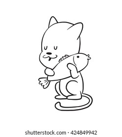 Vector cartoon image of a cute little black-white cat standing and hugging fish by his paws on a white background. Made in monochrome style. Positive character. Vector illustration.