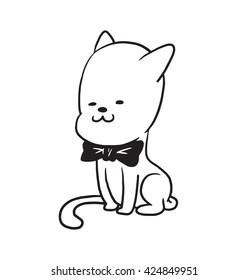 Vector cartoon image of a cute little black-white cat sitting with a bow tie around his neck and smiling on a white background. Made in monochrome style. Positive character. Vector illustration.