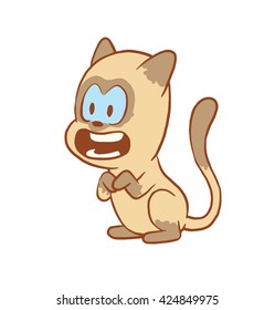 Vector cartoon image of a cute little beige-gray cat sitting with admiring expression on face on a white background. Color image with a brown tracings. Kitten. Positive character. Vector illustration.