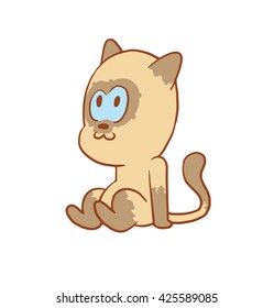 Vector cartoon image of a cute little beige-gray cat sitting and dreaming about something on a white background. Color image with a brown tracings. Kitten. Positive character. Vector illustration.