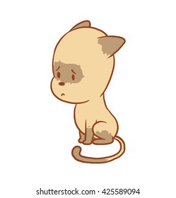 Vector cartoon image of a cute little beige-gray cat sitting with a sad expression on his face on a white background. Color image with a brown tracings. Kitten. Positive character. Vector illustration