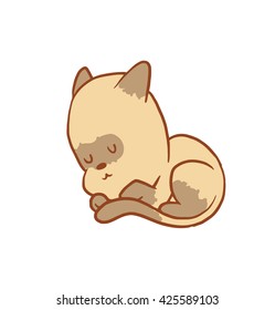 Vector cartoon image of a cute little beige-gray cat sleeping curled up on a white background. Color image with a brown tracings. Kitten. Positive character. Vector illustration.