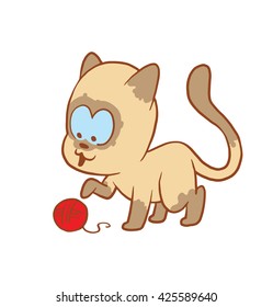 Vector cartoon image of a cute little beige-gray cat playing with a ball of red yarn on a white background. Color image with a brown tracings. Kitten. Positive character. Vector illustration.