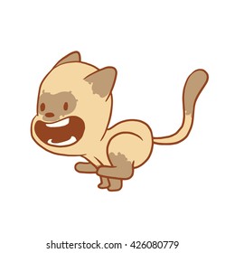 Vector cartoon image of a cute little beige-gray cat running at full speed with his mouth open on a white background. Color image with a brown tracings. Kitten. Positive character. Vector illustration