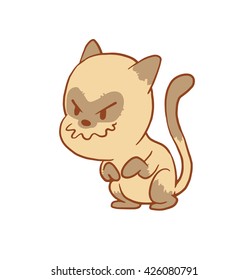 Vector cartoon image of a cute little beige-gray cat sitting and plotting something tricky on a white background. Color image with a brown tracings. Kitten. Positive character. Vector illustration.