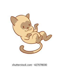 Vector cartoon image of a cute little beige-gray cat lying on his back and smiling on a white background. Color image with a brown tracings. Kitten. Positive character. Vector illustration.