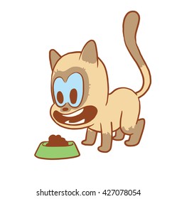 Vector cartoon image of cute little beige-gray cat looking with admiration at the bowl with food on white background. Color image with a brown tracings. Kitten. Positive character. Vector illustration