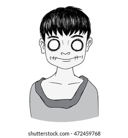 Vector cartoon image of a cute little boy in t-shirt like a zombie under hypnosis on a white background Made in a monochrome style Positive character