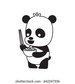 Vector cartoon image of a cute little black-white panda standing with a plate of noodles and chopsticks in paws on a white background. Animals, wildlife, zoo. Positive character. Vector illustration.