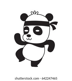 Vector cartoon image of a cute little black-white panda standing in a kung fu pose and smiling on a white background. Animals, wildlife, zoo. Positive character. Vector illustration.