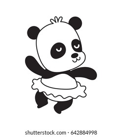 Vector cartoon image of a cute little black-white panda in a ballet tutu dancing and smiling on a white background. Animals, wildlife, zoo. Positive character. Vector illustration.