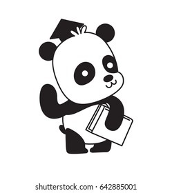 Vector cartoon image of a cute little black-white panda in an academic cap standing with a book in paw on a white background. Animals, wildlife, zoo. Positive character. Vector illustration.