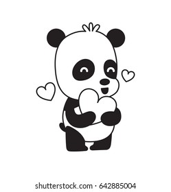Vector cartoon image of a cute little black-white panda standing with a heart in paws and smiling on a white background. Animals, wildlife, zoo. Positive character. Vector illustration.