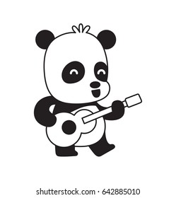 Vector cartoon image of a cute little black-white panda standing with a guitar in his paws and smiling on a white background. Animals, wildlife, zoo. Positive character. Vector illustration.
