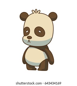 Vector cartoon image of a cute little black-white panda standing sad on a white background. Animals, wildlife, zoo. Positive character. Color image.