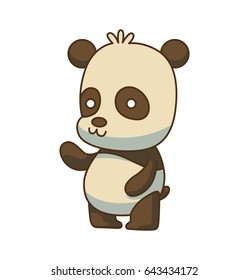 Vector cartoon image of a cute little black-white panda standing, waving his paw and smiling on a white background. Animals, wildlife, zoo. Positive character. Color image.