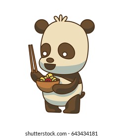 Vector cartoon image of a cute little black-white panda standing with a plate of noodles and chopsticks in paws on a white background. Animals, wildlife, zoo. Positive character. Color image.