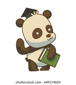 Vector cartoon image of a cute little black-white panda in an academic cap standing with a green book in paw on a white background. Animals, wildlife, zoo. Positive character. Color image.