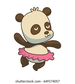 Vector cartoon image of a cute little black-white panda in a pink ballet tutu dancing and smiling on a white background. Animals, wildlife, zoo. Positive character. Color image.