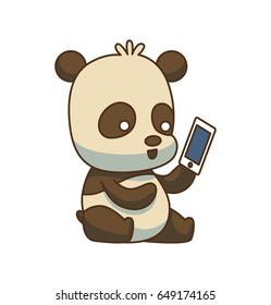 Vector cartoon image of a cute little black-white panda sitting with a white smartphone in his paw and smiling on a white background. Animals, wildlife, zoo. Positive character. Color image.