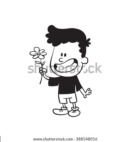Vector cartoon image of a cute little boy in shorts and t-shirt standing and smiling with flower in his hand on a white background. Made in a monochrome style. Positive character. Vector illustration.