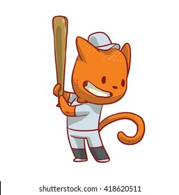 Vector cartoon image of a cute orange cat in white pants, T-shirt and cap with a baseball bat in his paws standing and smiling on a white background. Funny cat playing baseball. Vector illustration.