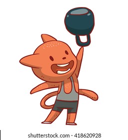 Vector cartoon image of a cute orange cat in black shorts and gray T-shirt with a big black kettlebell in his paw standing on white background. Funny cat engaged in weightlifting. Vector illustration.