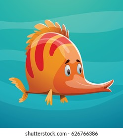 Vector cartoon image of a cute orange fish with red stripes swimming on a blue marine background. Underwater life, ocean, aquarium. Positive character. Vector illustration.