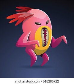Vector cartoon image of a cute pink monster with red tufts and with a vertical mouth standing on two legs on a dark blue background. Positive character, creature, funny. Halloween.