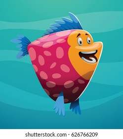 Vector cartoon image of a cute pink-orange spotted fish with blue fins and tail smiling on a blue marine background. Underwater life, ocean, aquarium. Positive character. Vector illustration.