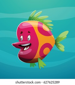 Vector cartoon image of a cute pink-orange spotted fish with green fins and tail smiling on a blue marine background. Underwater life, ocean, aquarium. Positive character. Vector illustration.