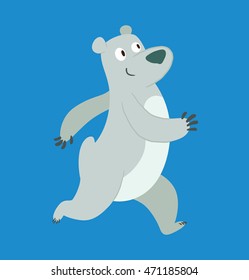 Vector cartoon image of a cute polar bear walking somewhere and smiling on a blue background. 