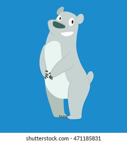 Vector cartoon image of a cute polar bear standing and smiling on a blue background. 