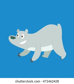 Vector cartoon image of a cute polar bear standing on four paws and smiling on a blue background. 