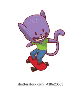 Vector cartoon image of a cute purple cat in blue pants and green T-shirt ride on a red skateboard and smiling on a white background. Funny cat engaged in skateboarding. Vector illustration.