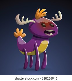 Vector cartoon image of a cute purple monster with an orange tuft and two white horns, standing on four legs on a dark blue background. Positive character, creature, funny. Halloween.