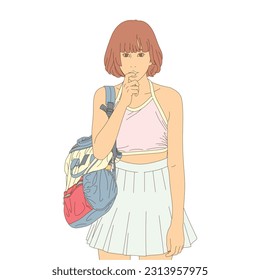 vector cartoon image of cute short haired woman wearing sportswear with foldable backpack on white background