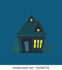 Vector cartoon image of a cute small red house with two floors, five light emitting window, roof, door and trees and bushes near on a dark blue night background. Flat style. Vector illustration.